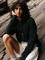 Wool Crew Neck Cardigan in Black - Mora