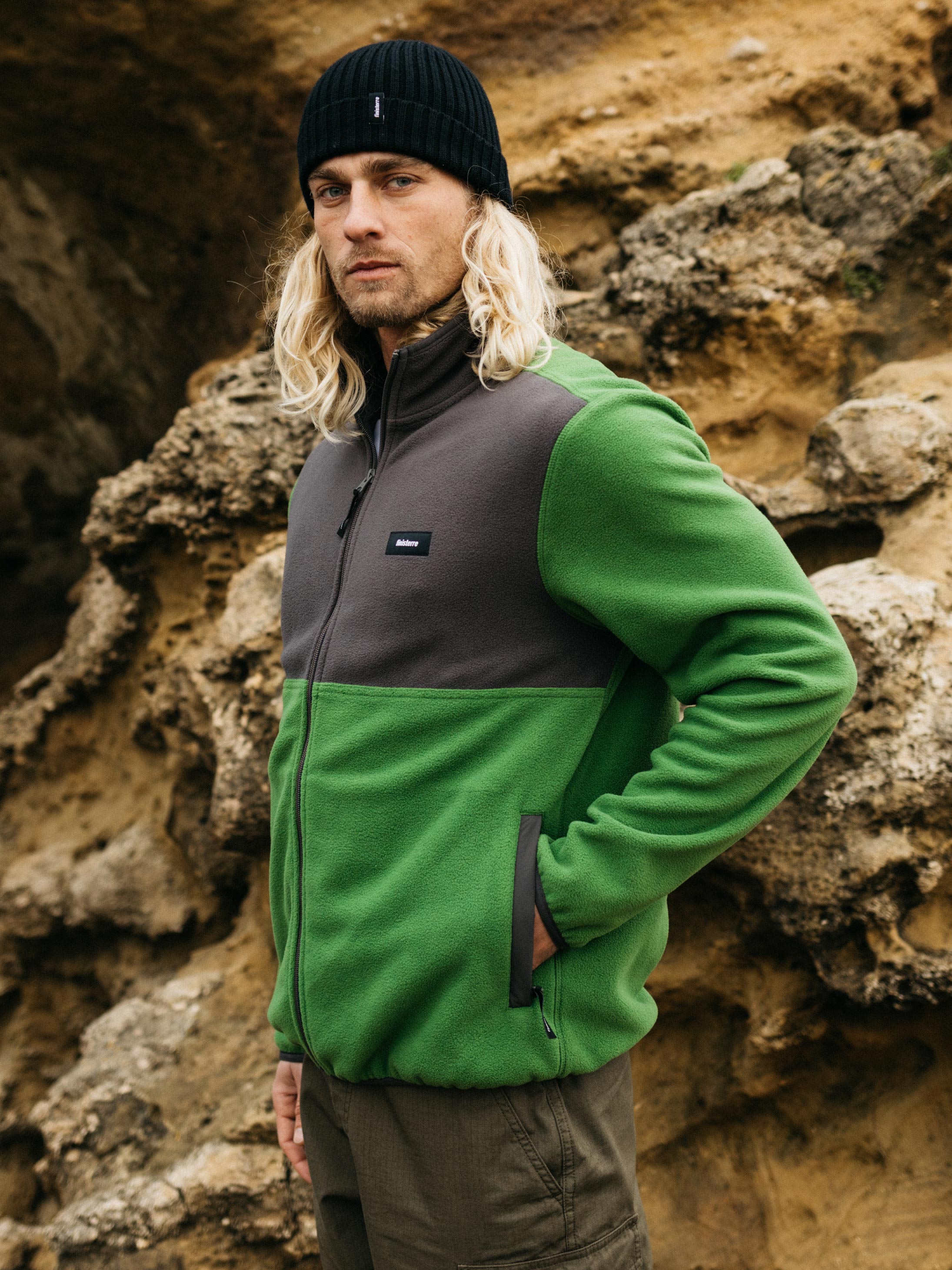 Recycled Zip Fleece in Black/Green - Axiom