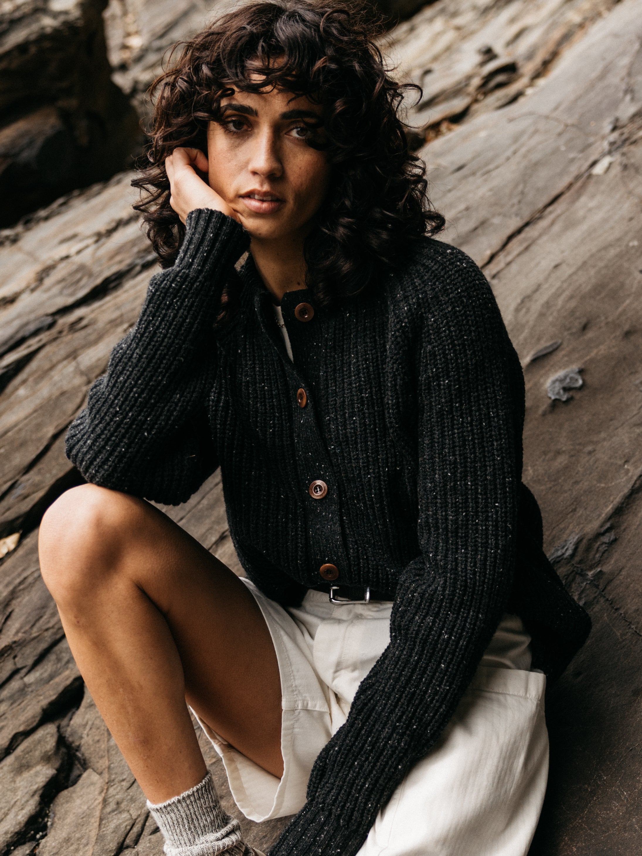 Wool Crew Neck Cardigan in Black - Mora