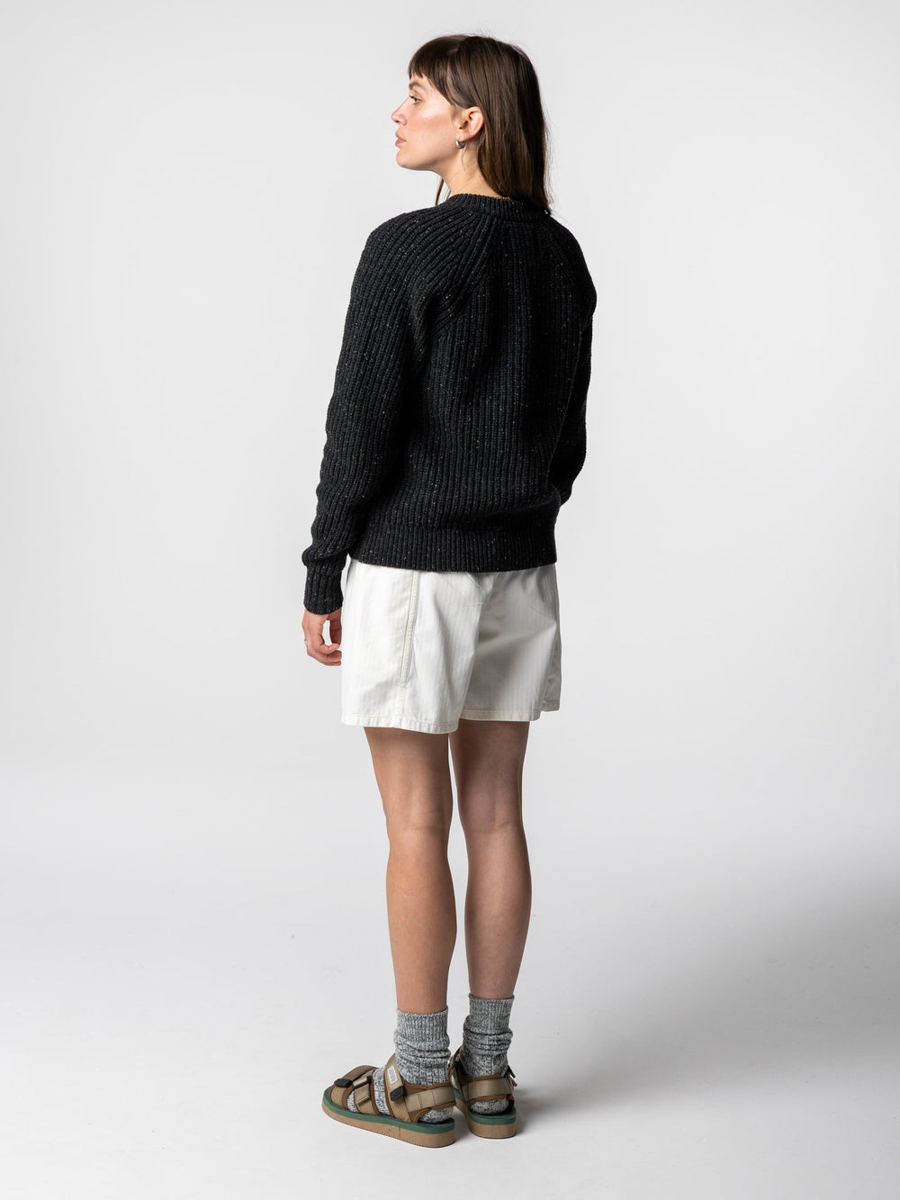 Wool Crew Neck Cardigan in Black - Mora