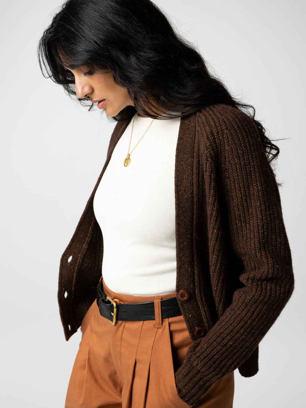 Wool Knit Cardigan in Brown - Mora