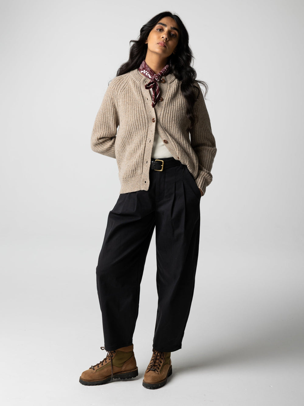 Wool Crew Neck Cardigan in Oatmeal - Mora