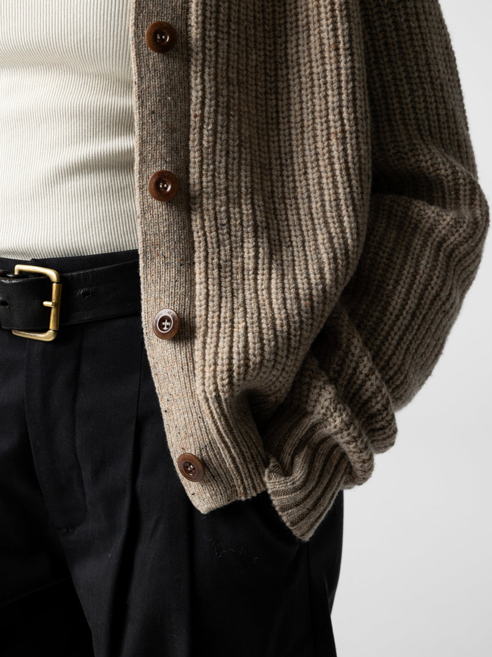 Wool Crew Neck Cardigan in Oatmeal - Mora
