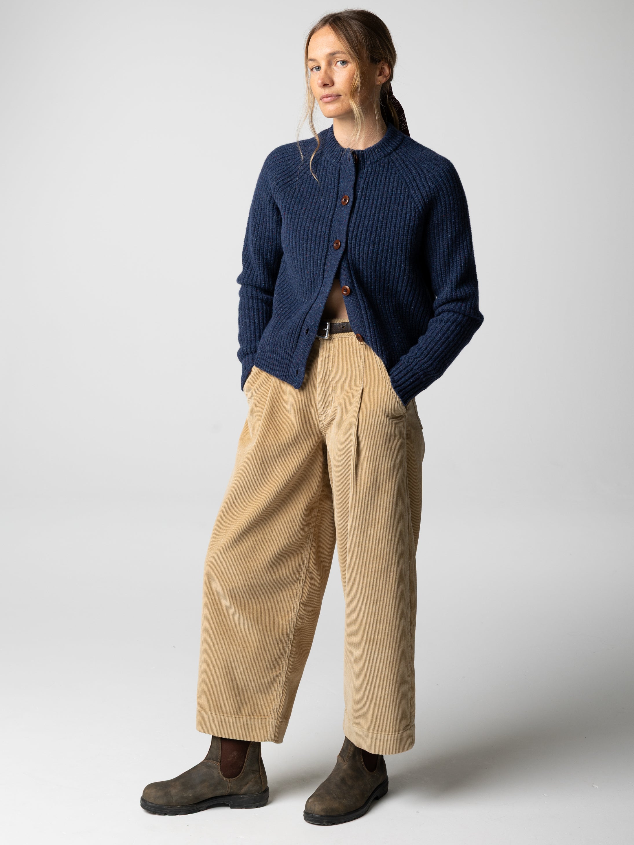 Wool Crew Neck Cardigan in Navy - Mora