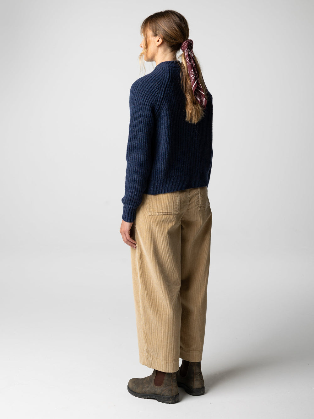 Wool Crew Neck Cardigan in Navy - Mora