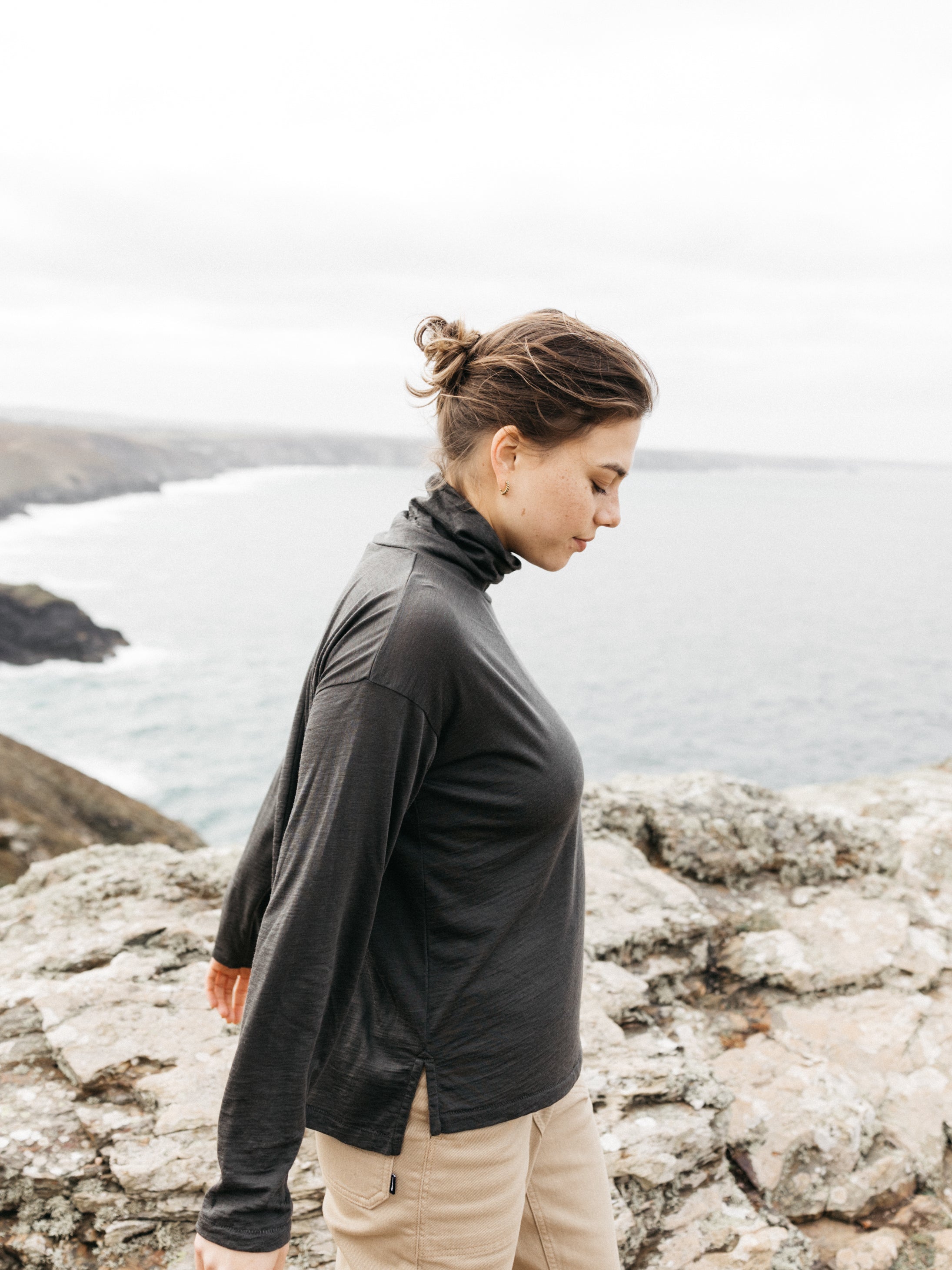 Merino High Neck T-Shirt in Raven - Seeker