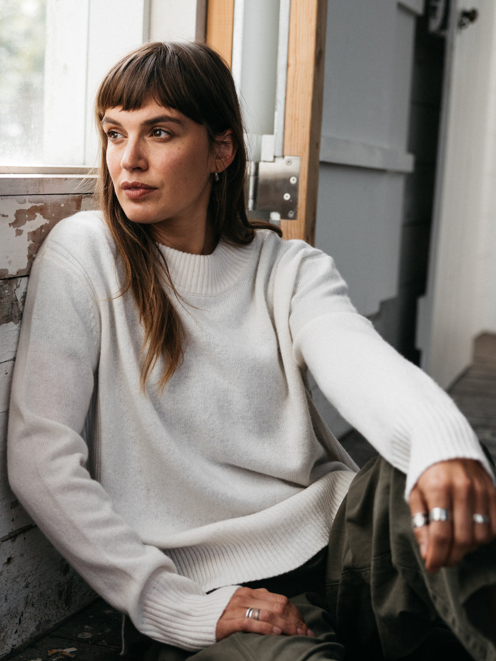 Wool Ribbed Knit Jumper in Ecru - Cavan