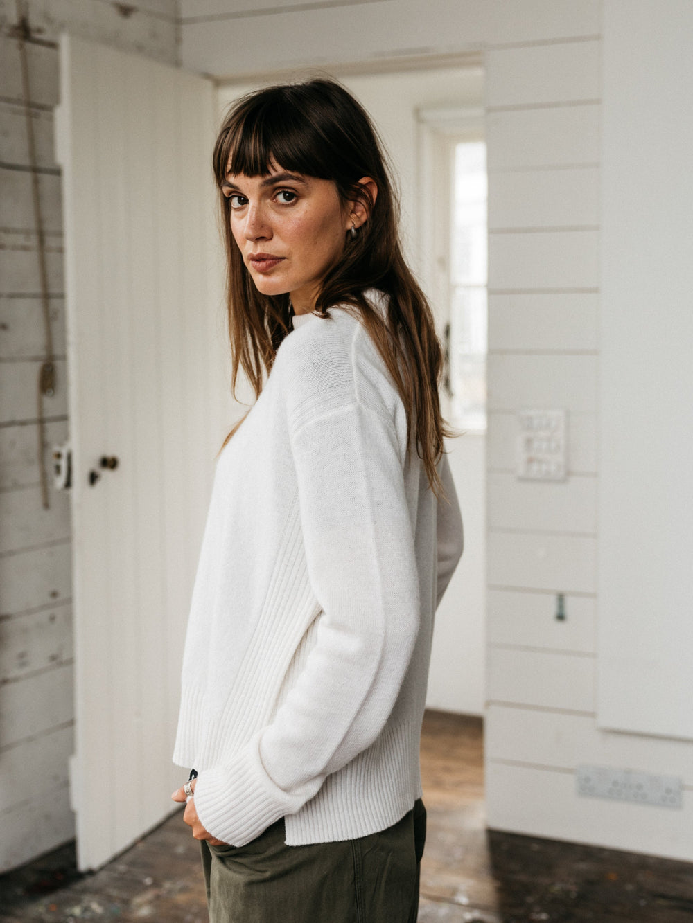 Wool Ribbed Knit Jumper in Ecru - Cavan