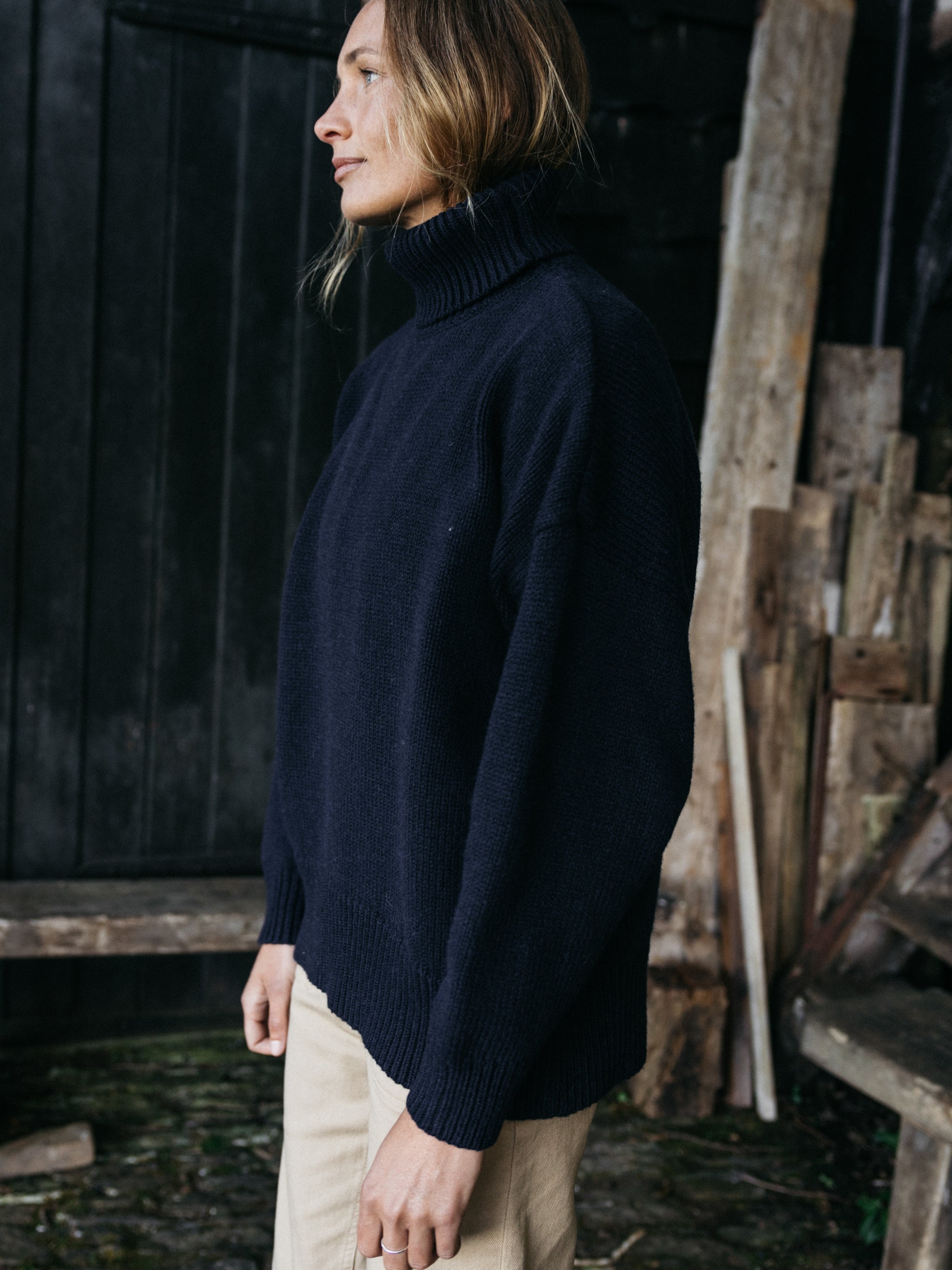 Roll Neck Knit Jumper in Navy - Eyre