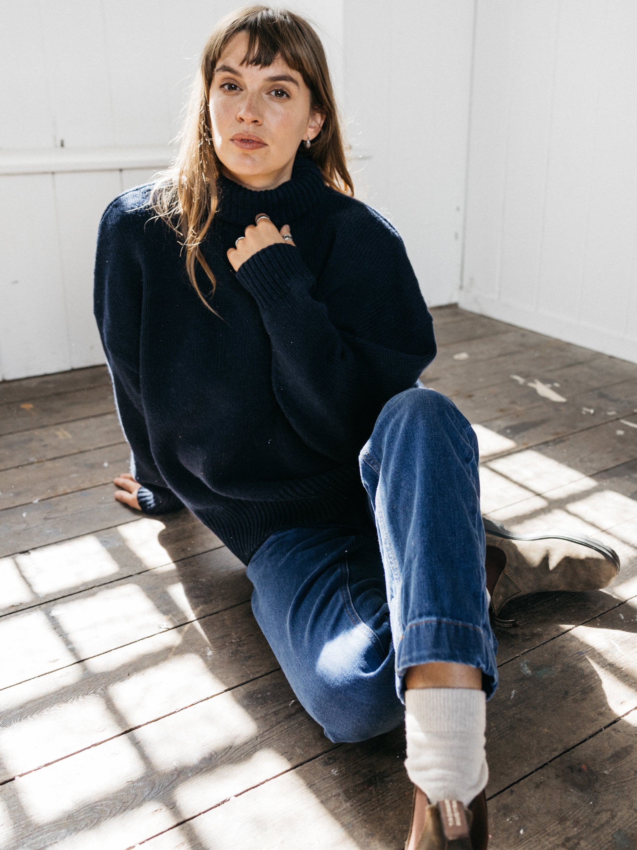 Roll Neck Knit Jumper in Navy - Eyre